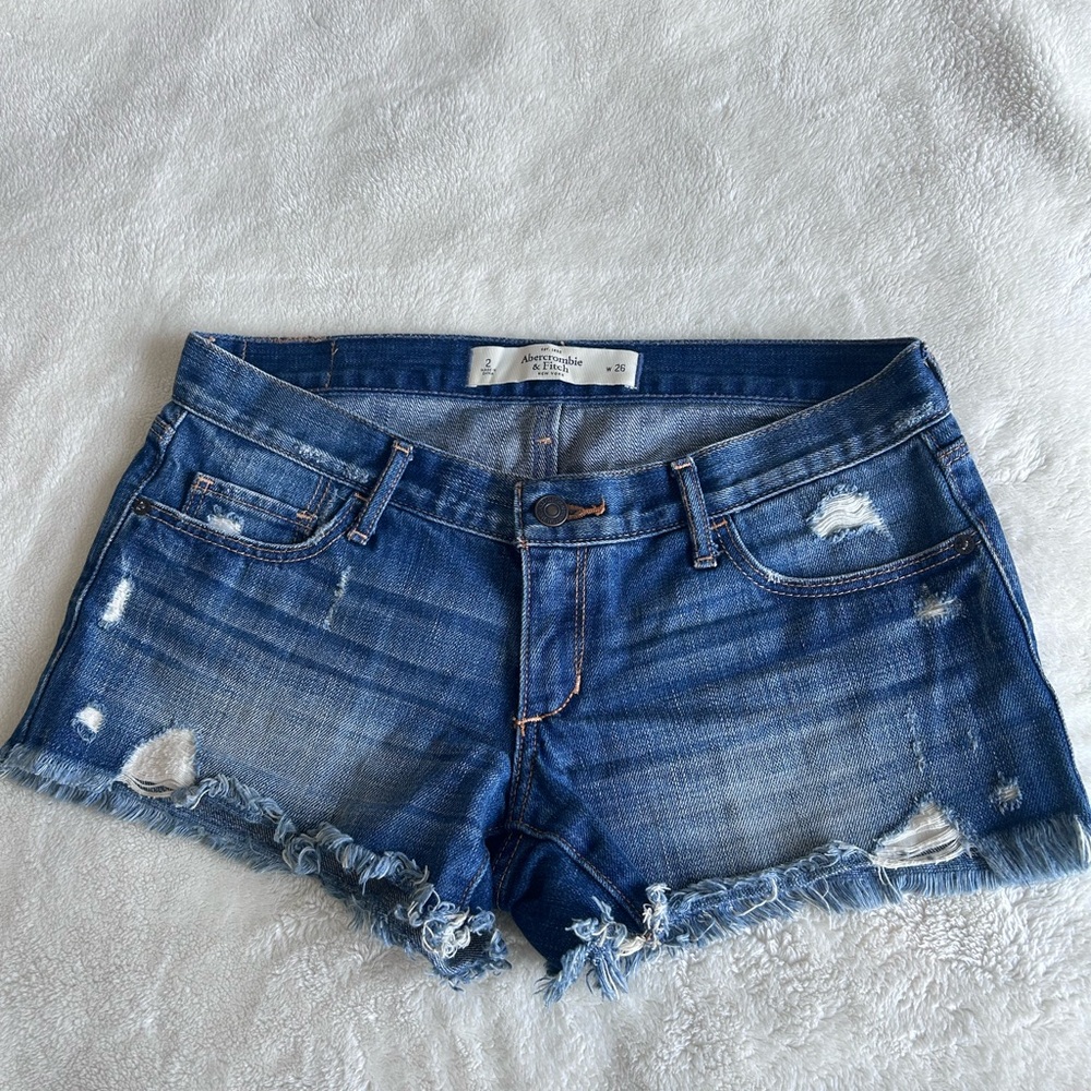 Abercrombie & Fitch Low Rise Distressed Blue Denim Shorts